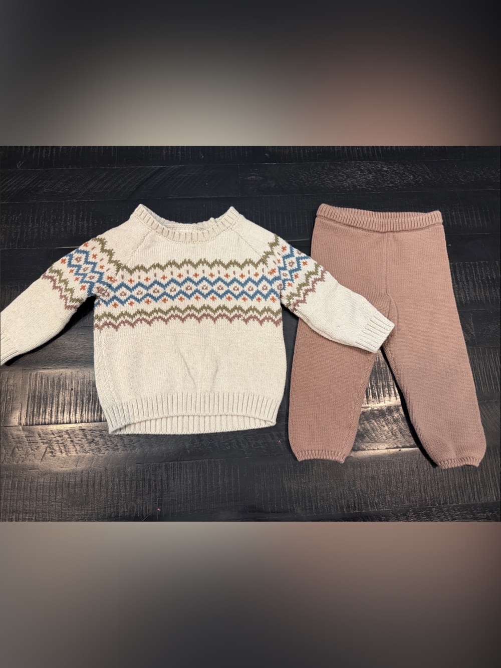 Kids Cream Print Sweater & Tan Knit Joggers Set
